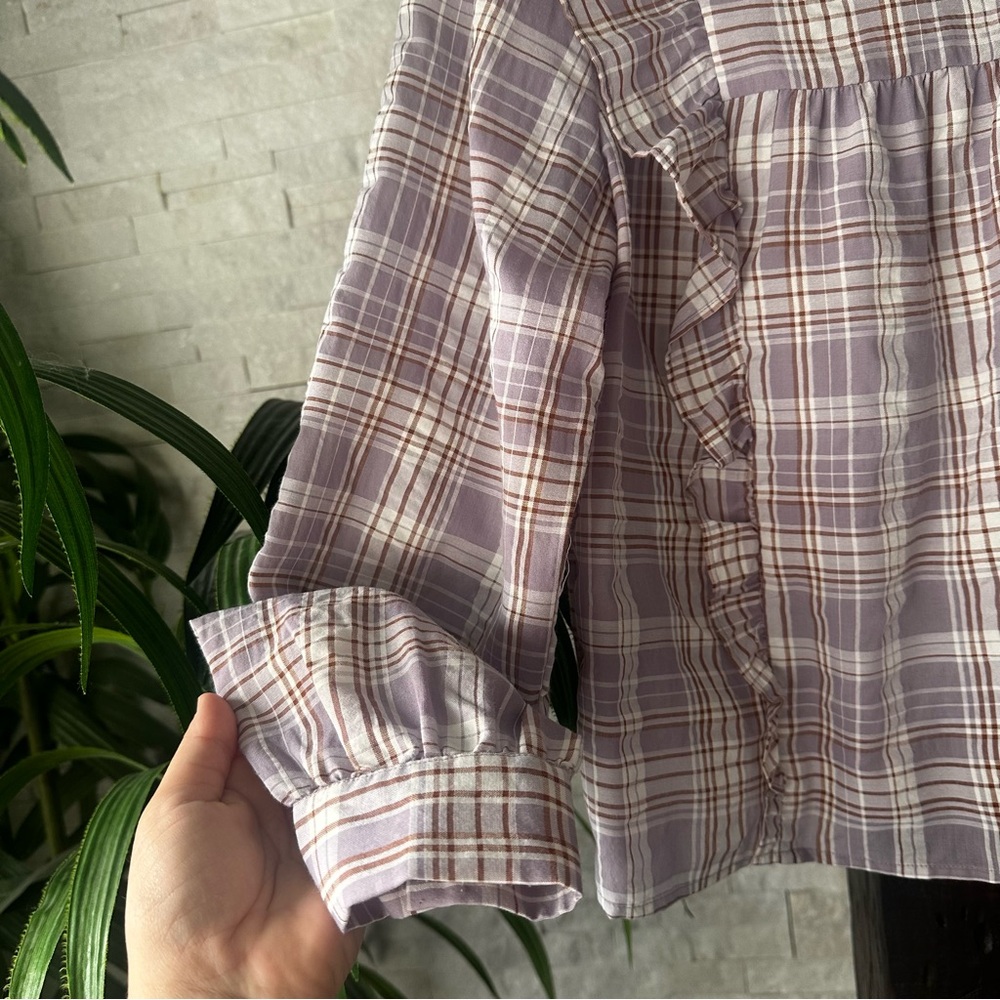 LOFT Frosted Lavender Ruffled Plaid Blouse Size Small - Picture 9 of 11